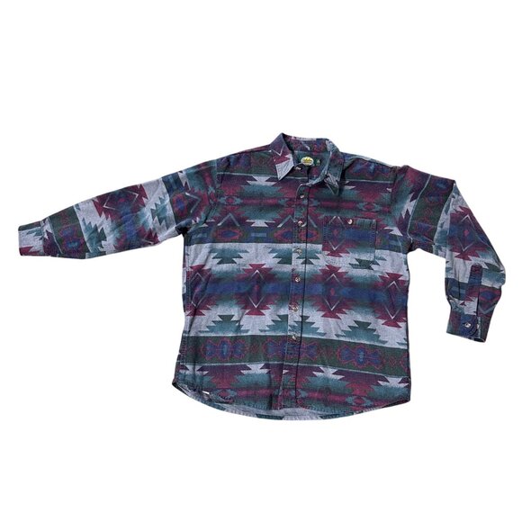 Cabelas Southwestern Aztec Tribal Flannel Shirt XL 1990s Vintage Western Unisex - Picture 2 of 6